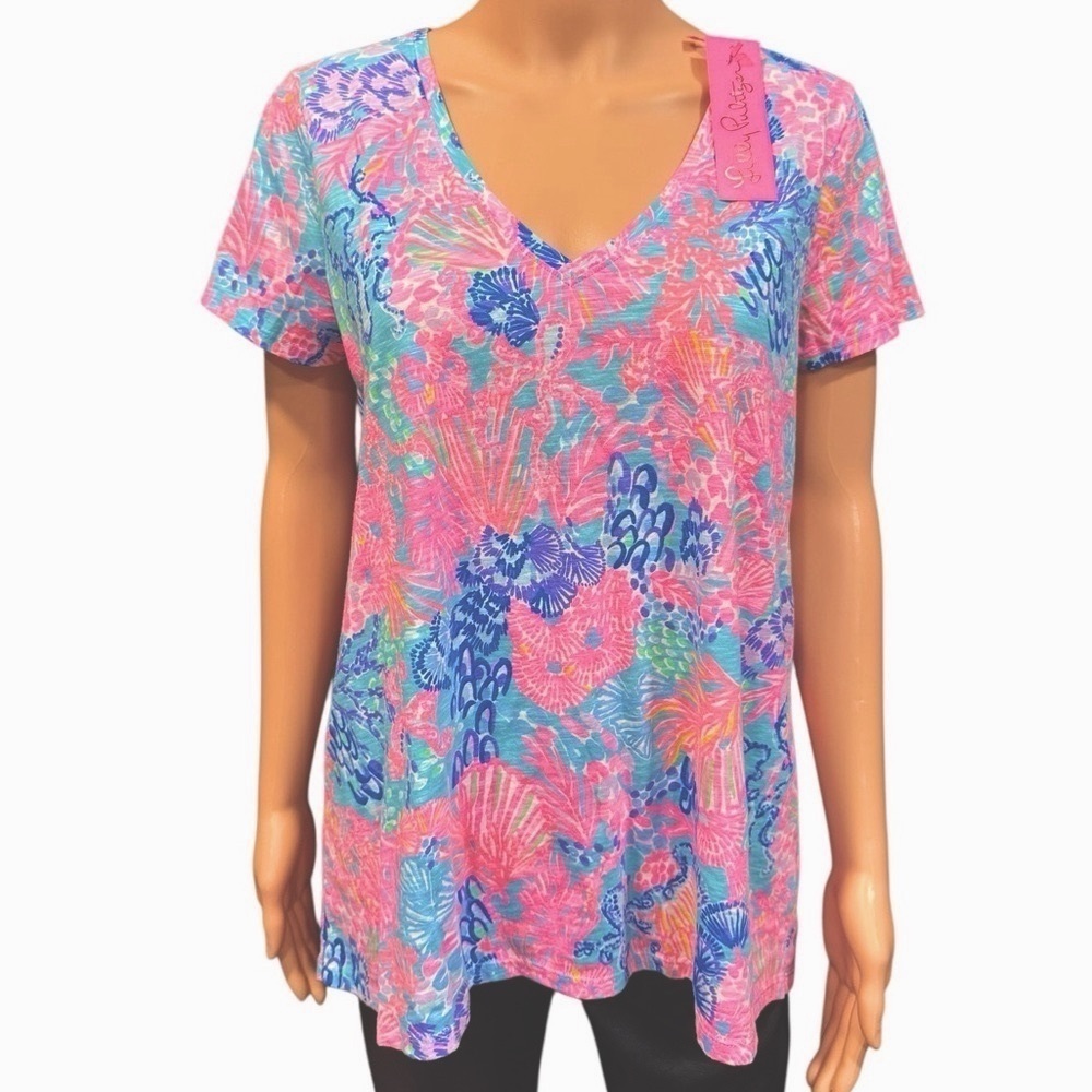 LILLY PULITZER Etta V Neck Short Sleeve Splendor In The Sand Top NWT Medium